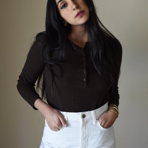 Brown Long Sleeve Henley Top - Picture 3 of 6